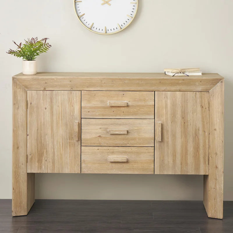 Meuble de Rangement en Bois, Buffet 2 Portes et 3 Tiroirs avec Grain de Bois Naturel - Marron