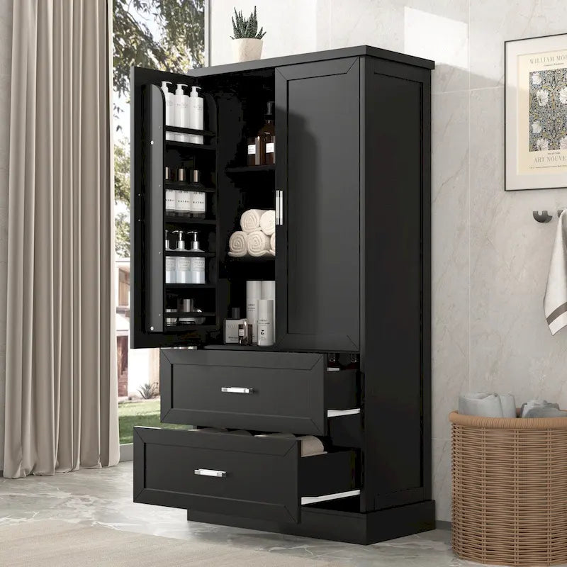 Meuble haut de salle de bain, Meuble avec deux portes et tiroirs, Étagère réglable, Panneau MDF